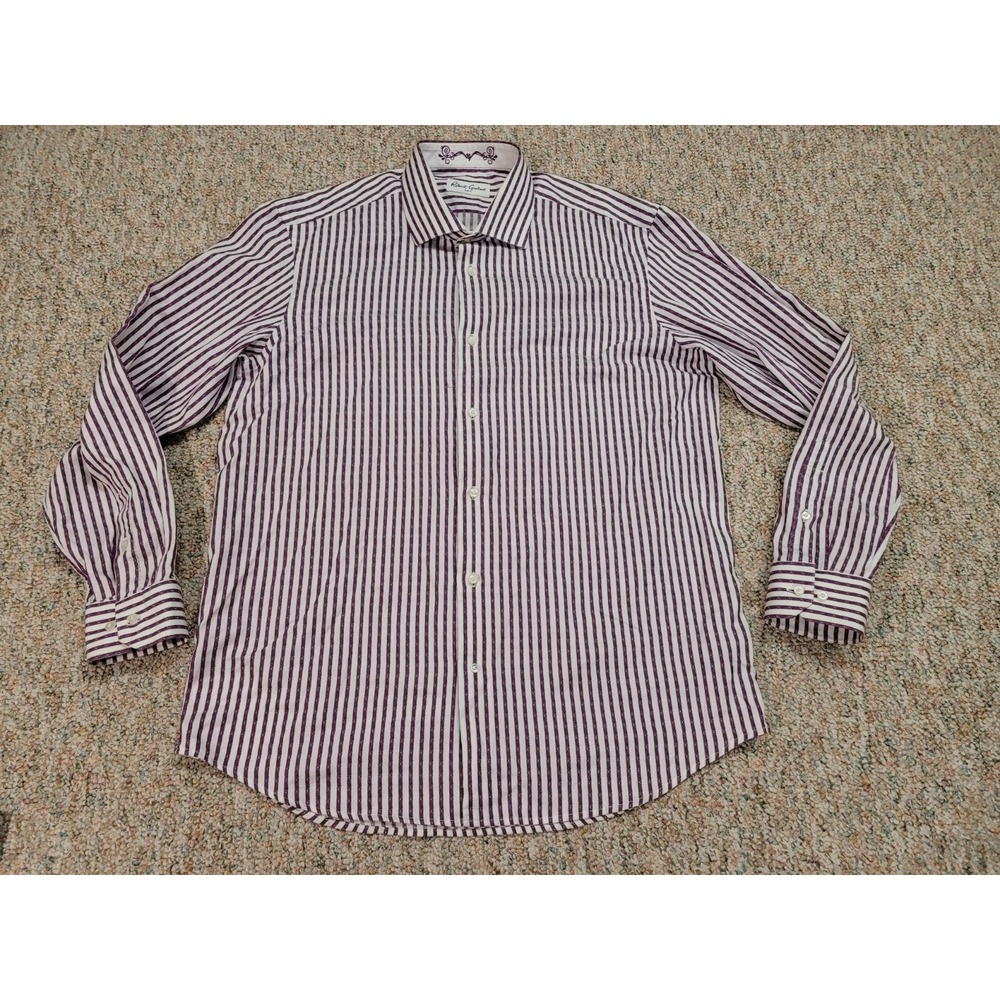 Robert Graham Shirt Mens 17.5 Purple Stripe Cotton Classic Fit Contrast Trim